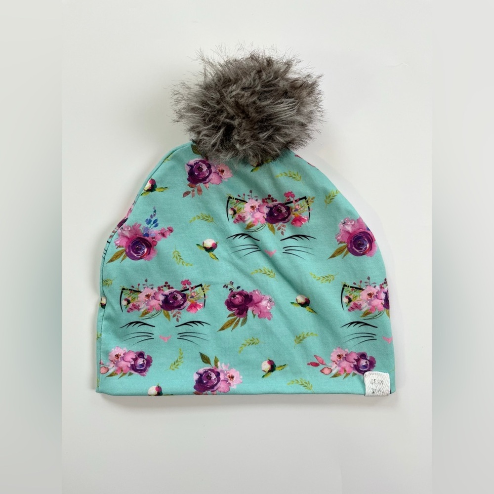 Small Shop Handmade Floral Cat Kids Beanie with Pom Pom